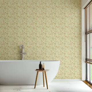 Mitchell Black Blossom Perch Chinoiserie Wallpaper bathroom in shade Lemongrass at Say Decor