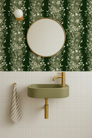 Mitchell Black Paradise Bloom Botanical Stripe Wallpaper bathroom in shade Dark Green at Say Decor
