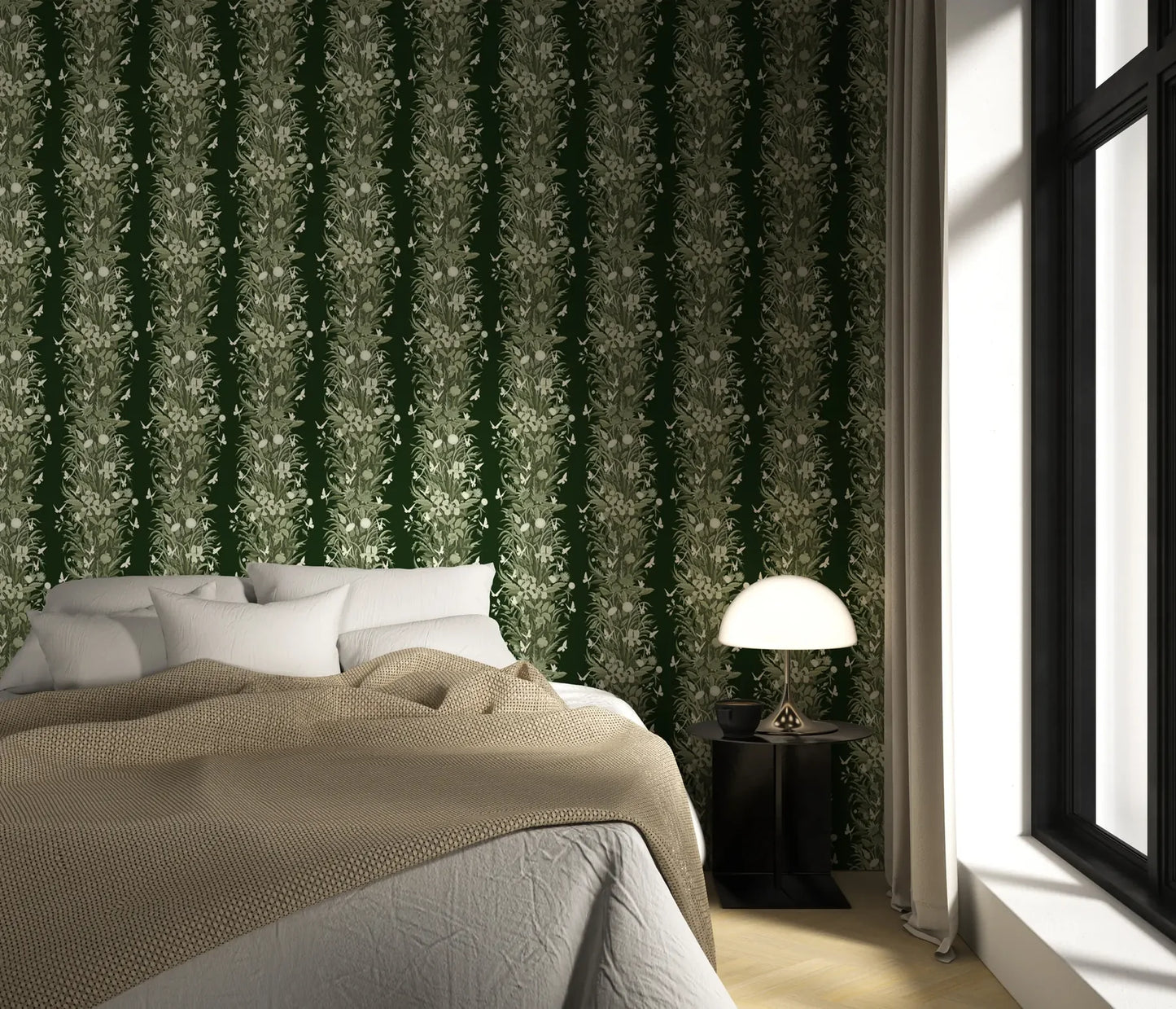 Mitchell Black Paradise Bloom Botanical Stripe Wallpaper bedroom in shade Dark Green at Say Decor