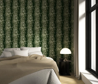Mitchell Black Paradise Bloom Botanical Stripe Wallpaper bedroom in shade Dark Green at Say Decor
