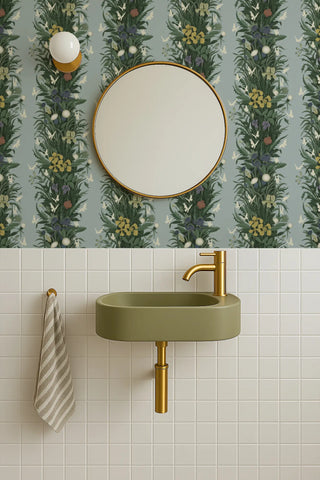 Mitchell Black Paradise Bloom Botanical Stripe Wallpaper bathroom in shade Blue Dusk at Say Decor