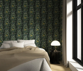 Mitchell Black Paradise Bloom Botanical Stripe Wallpaper bedroom in shade Evening at Say Decor