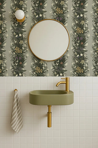 Mitchell Black Paradise Bloom Botanical Stripe Wallpaper bathroom in shade Linen Gray at Say Decor