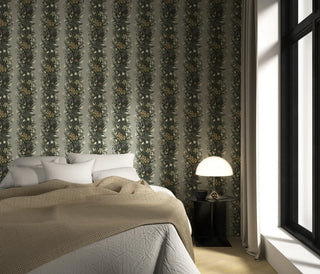Mitchell Black Paradise Bloom Botanical Stripe Wallpaper bedroom in shade Linen Gray at Say Decor