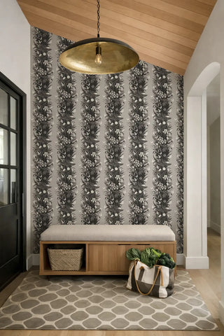 Mitchell Black Paradise Bloom Botanical Stripe Wallpaper entryway in shade Newsprint at Say Decor