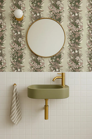 Mitchell Black Paradise Bloom Botanical Stripe Wallpaper bathroom in shade Pink Garden at Say Decor