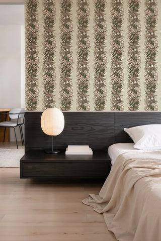 Mitchell Black Paradise Bloom Botanical Stripe Wallpaper bedroom in shade Pink Garden at Say Decor