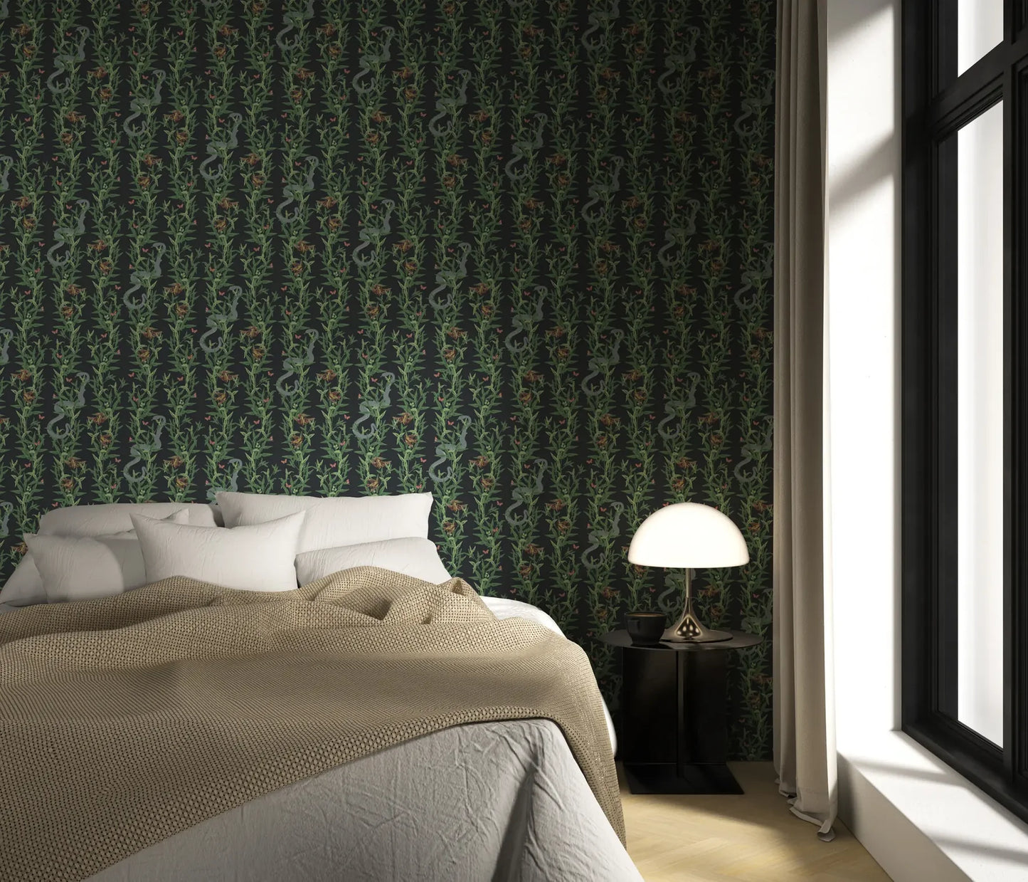 Mitchell Black Stalking Vine Botanical Wallpaper bedroom in shade Emerald at Say Decor