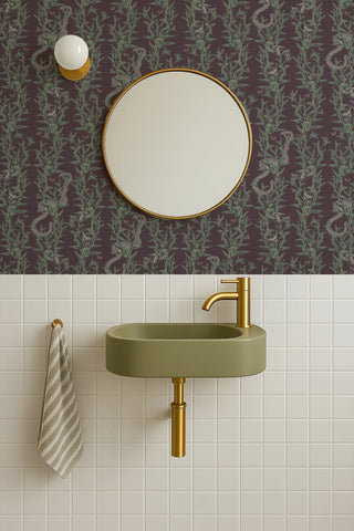 Mitchell Black Stalking Vine Botanical Wallpaper bathroom in shade Mulberry at Say Decor