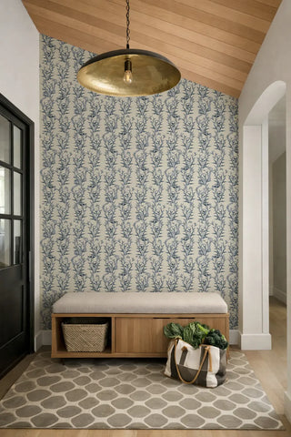 Mitchell Black Stalking Vine Botanical Wallpaper entryway in shade Porcelain Blue at Say Decor