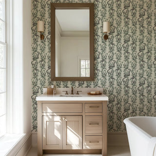 Mitchell Black Stalking Vine Botanical Wallpaper bathroom in shade Ivory at Say Decor