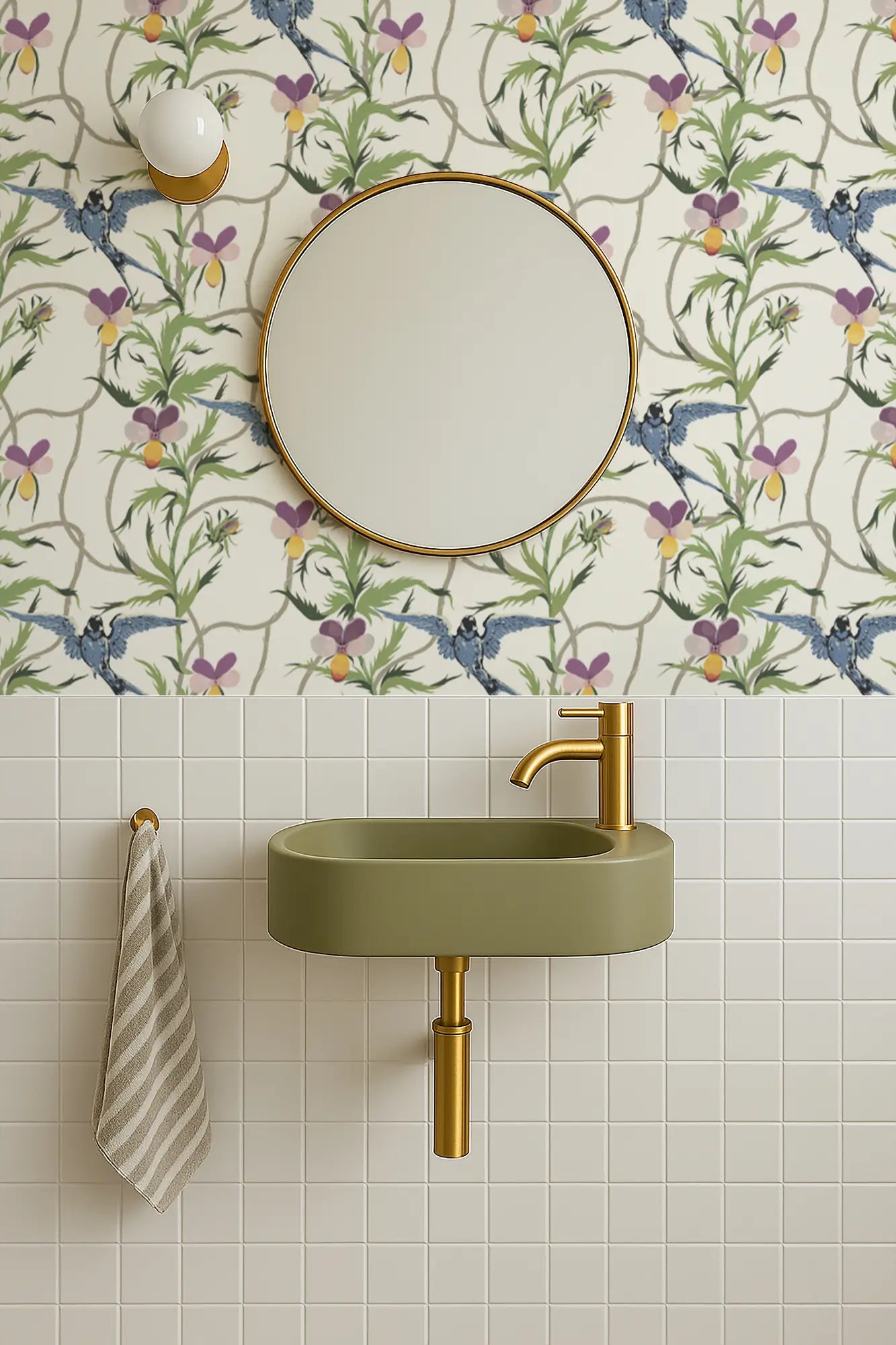Mitchell Black Tangled Flight Botanical Wallpaper bathroom in shade Off-White at Say Decor