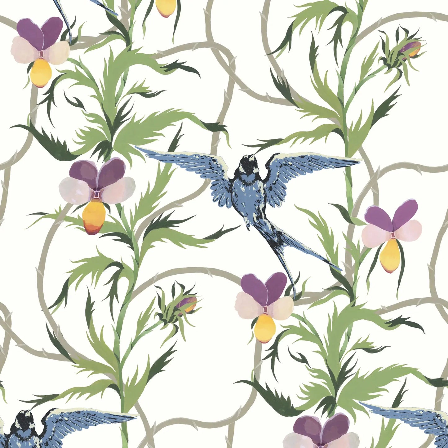 Mitchell Black Tangled Flight Botanical Wallpaper in shade Off-White at Say Decor