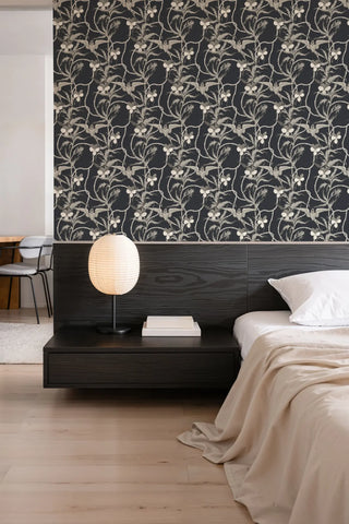 Mitchell Black Tangled Flight Botanical Wallpaper decor in shade Black Oak at Say Decor