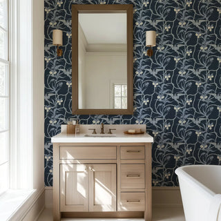 Mitchell Black Tangled Flight Botanical Wallpaper bathroom in shade Indigo at Say Decor