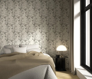 Mitchell Black Tangled Flight Botanical Wallpaper bedroom in shade Linen Gray at Say Decor