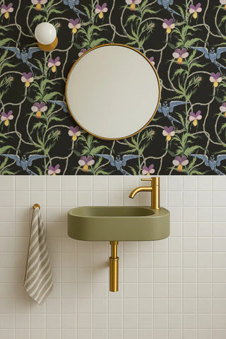 Mitchell Black Tangled Flight Botanical Wallpaper bathroom in shade Midnight at Say Decor