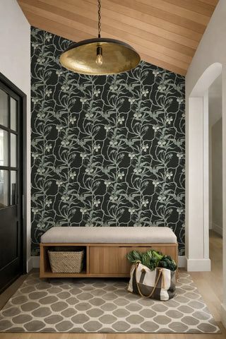 Mitchell Black Tangled Flight Botanical Wallpaper entryway in shade Seafoam Black at Say Decor