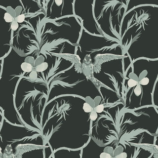 Mitchell Black Tangled Flight Botanical Wallpaper in shade Seafoam Black at Say Decor