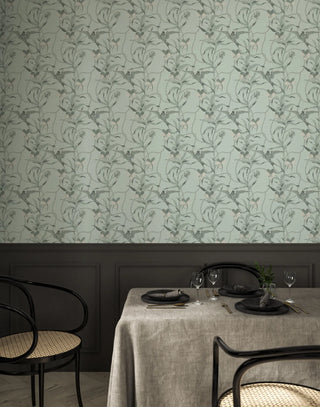 Mitchell Black Tangled Flight Botanical Wallpaper dining room in shade Seafoam at Say Decor
