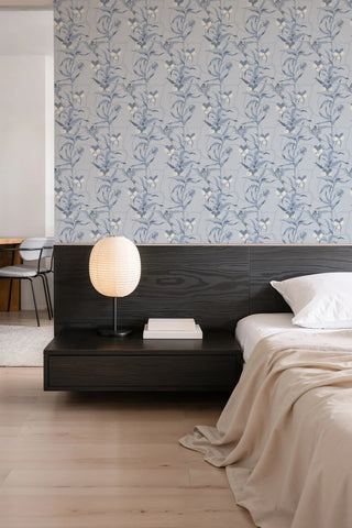 Mitchell Black Tangled Flight Botanical Wallpaper bedroom in shade True Blue at Say Decor