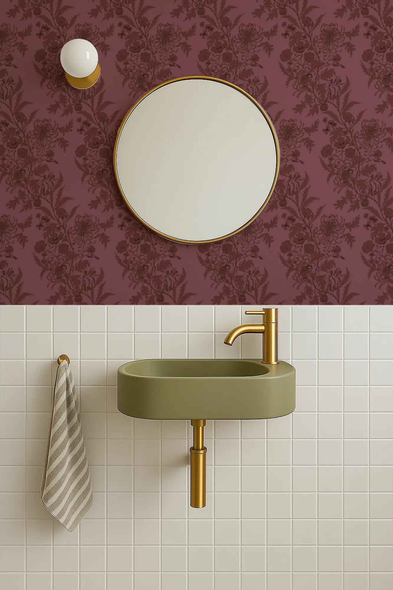 Mitchell Black Wilding Toile Floral Wallpaper bathroom in shade Burgundy at Say Decor