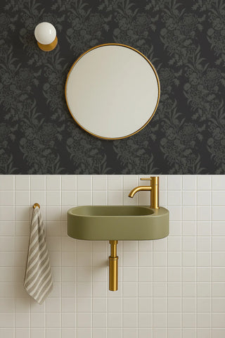 Mitchell Black Wilding Toile Floral Wallpaper bathroom in shade Shadow at Say Decor