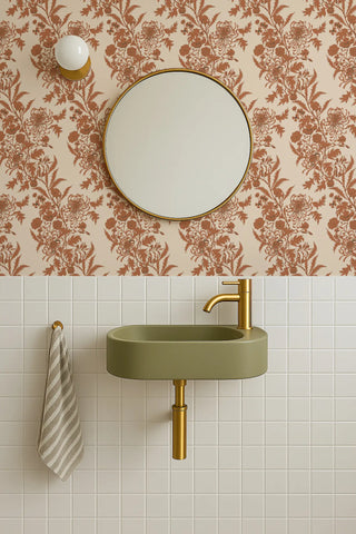 Mitchell Black Wilding Toile Floral Wallpaper bathroom in shade Burnt Orange at Say Decor