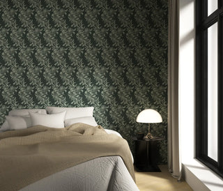 Mitchell Black Wilding Toile Floral Wallpaper bedroom in shade Jewel Green at Say Decor