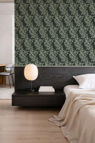 Mitchell Black Wilding Toile Floral Wallpaper decor in shade Jewel Green at Say Decor