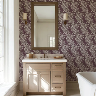 Mitchell Black Wilding Toile Floral Wallpaper bathroom in shade Maroon at Say Decor