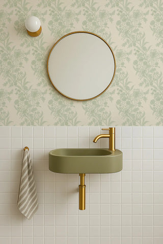 Mitchell Black Wilding Toile Floral Wallpaper bathroom in shade Pale Jade at Say Decor