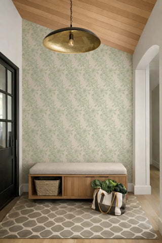Mitchell Black Wilding Toile Floral Wallpaper entryway in shade Pale Jade at Say Decor