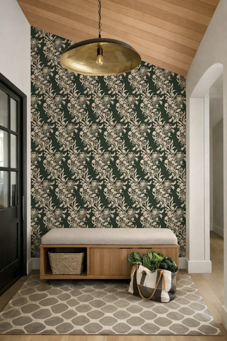 Mitchell Black Wilding Toile Floral Wallpaper entryway in shade Tangerine Green at Say Decor