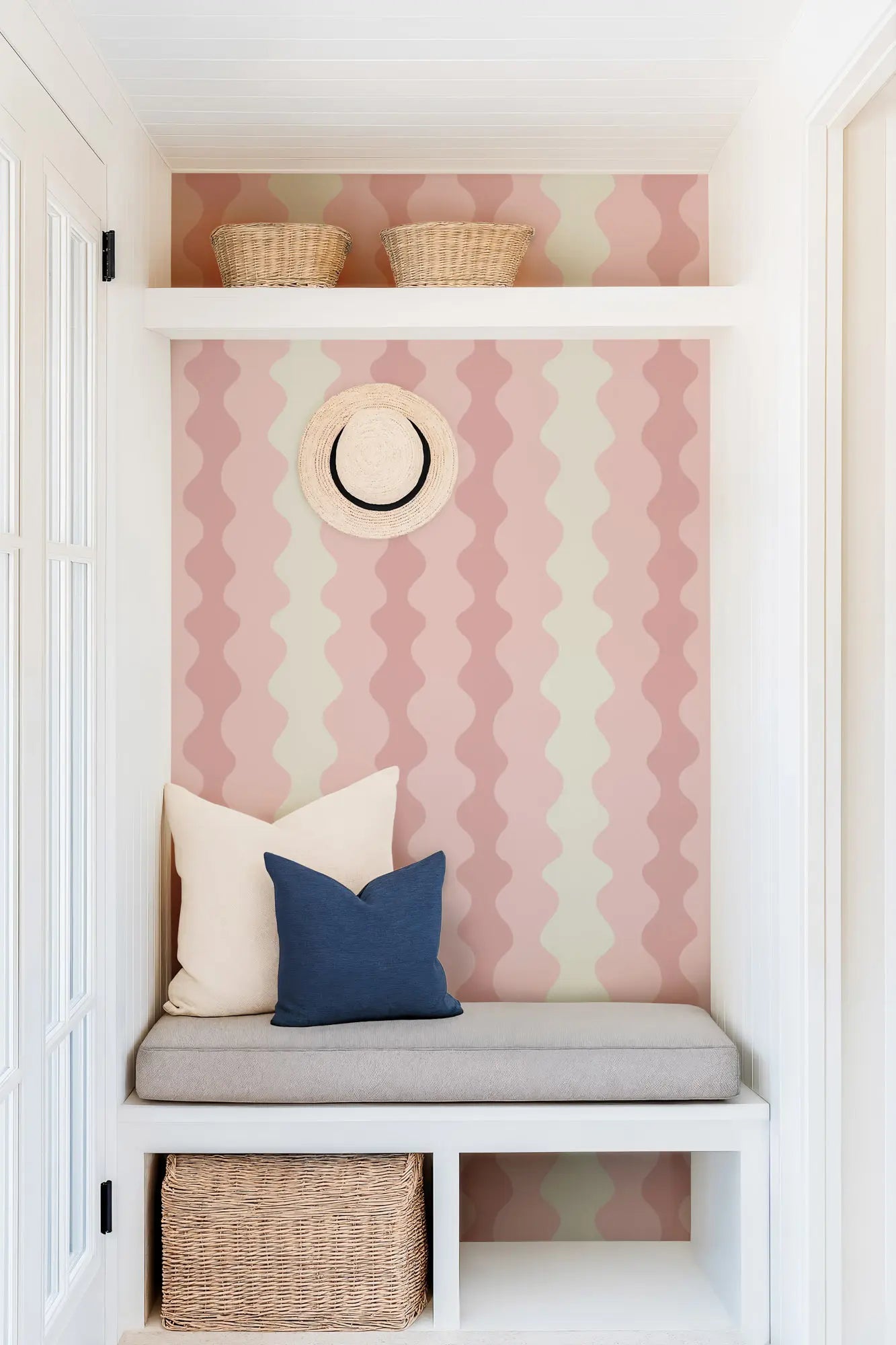 Mitchell Black Natalie Papier Low Frequency Abstract Wallpaper entryway in shade Blush at Say Decor