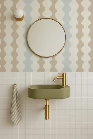 Mitchell Black Natalie Papier Low Frequency Abstract Wallpaper bathroom in shade Daytime Blue at Say Decor