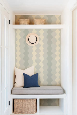 Mitchell Black Natalie Papier Low Frequency Abstract Wallpaper entryway in shade Mineral Blue at Say Decor