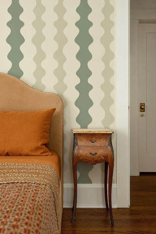 Mitchell Black Natalie Papier Low Frequency Abstract Wallpaper bedroom in shade Green Mist at Say Decor