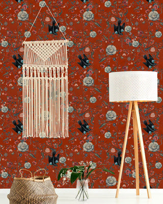 MINDTHEGAP WP20305 Black Bird Red Chinoiserie Unpasted Wallpaper living room at Say Decor