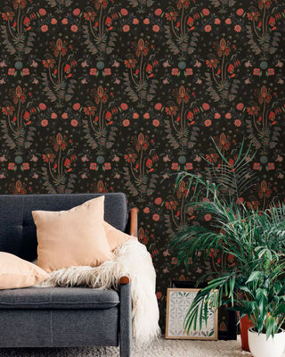 MINDTHEGAP WP20310 Anthracite Black Gypsy Floral Unpasted Wallpaper living room at Say Decor
