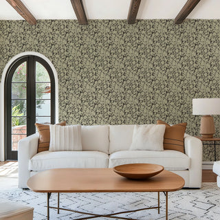 Mitchell Black Botanical Legacy Wandervine Floral Wallpaper living room in shade Ebony Taupe at Say Decor