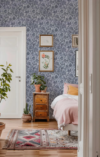Mitchell Black Botanical Legacy Wandervine Floral Wallpaper bedroom in shade Glacial Gray at Say Decor