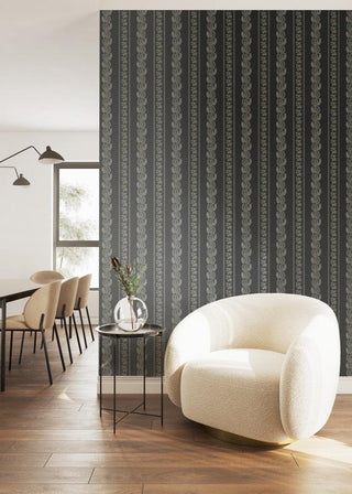 Mitchell Black Lady Charlotte Botanic Stripe Wallpaper living room in shade Black at Say Decor