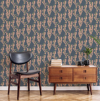 Mitchell Black Wisteria Floral Wallpaper in shade Dark Blue living room at Say Decor