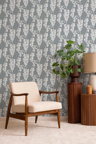 Mitchell Black Wisteria Floral Wallpaper in shade Gray Living Room at Say Decor