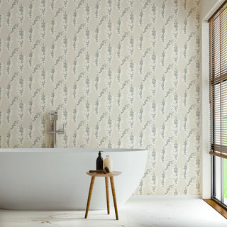 Mitchell Black Wisteria Floral Wallpaper in shade Linen Bathroom at Say Decor