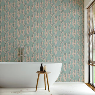 Mitchell Black Wisteria Floral Wallpaper in shade Light Blue Bathroom at Say Decor