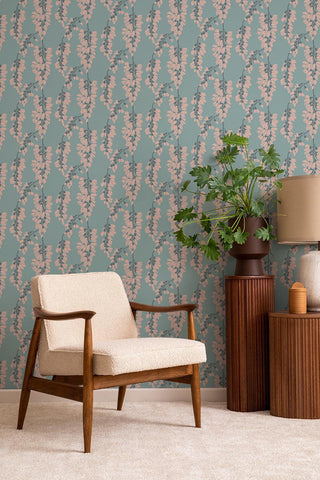Mitchell Black Wisteria Floral Wallpaper in shade Light Blue Living Room at Say Decor