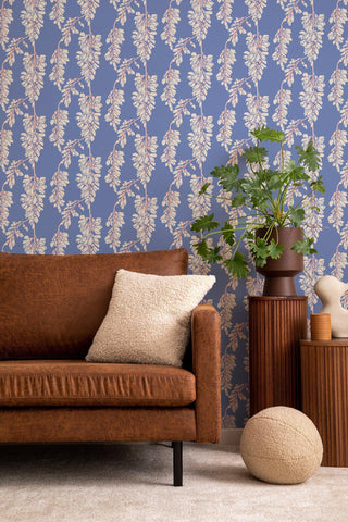 Mitchell Black Wisteria Floral Wallpaper in shade Royal Blue Living Room at Say Decor