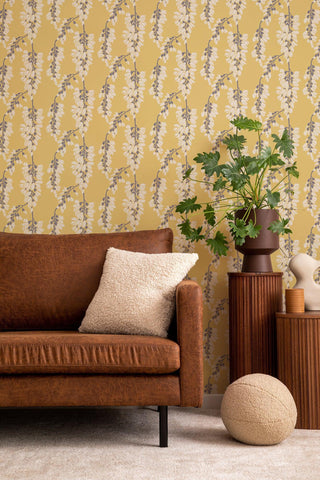 Mitchell Black Wisteria Floral Wallpaper in shade Yellow Living Room at Say Decor